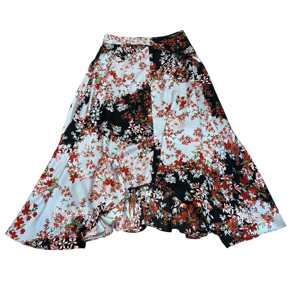 Karen Millen Floral High Low Hanky Hem Midi Flowy Drapey Satin Skirt size 6